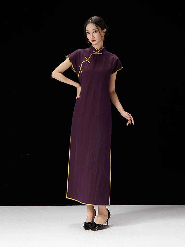 Pure silk qipao dress shown from an elegant angled view.