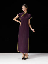 Pure silk qipao dress shown from an elegant angled view.