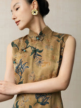 Close-up of the mandarin collar and handcrafted frog buttons on a floral silk qipao