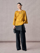 Full-length look featuring the mustard gold sequin embroidered jacquard blouse