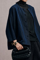 Close-up of the navy side’s round neckline, covered buttons and subtle texture