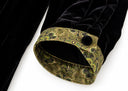 Close-up of the black velvet sleeve and olive-gold patterned cuff