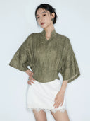 Olive Green Linen Mandarin Collar Blouse styled with a white skirt for everyday wear.