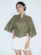 Olive Green Linen Mandarin Collar Blouse styled with a white skirt for everyday wear.