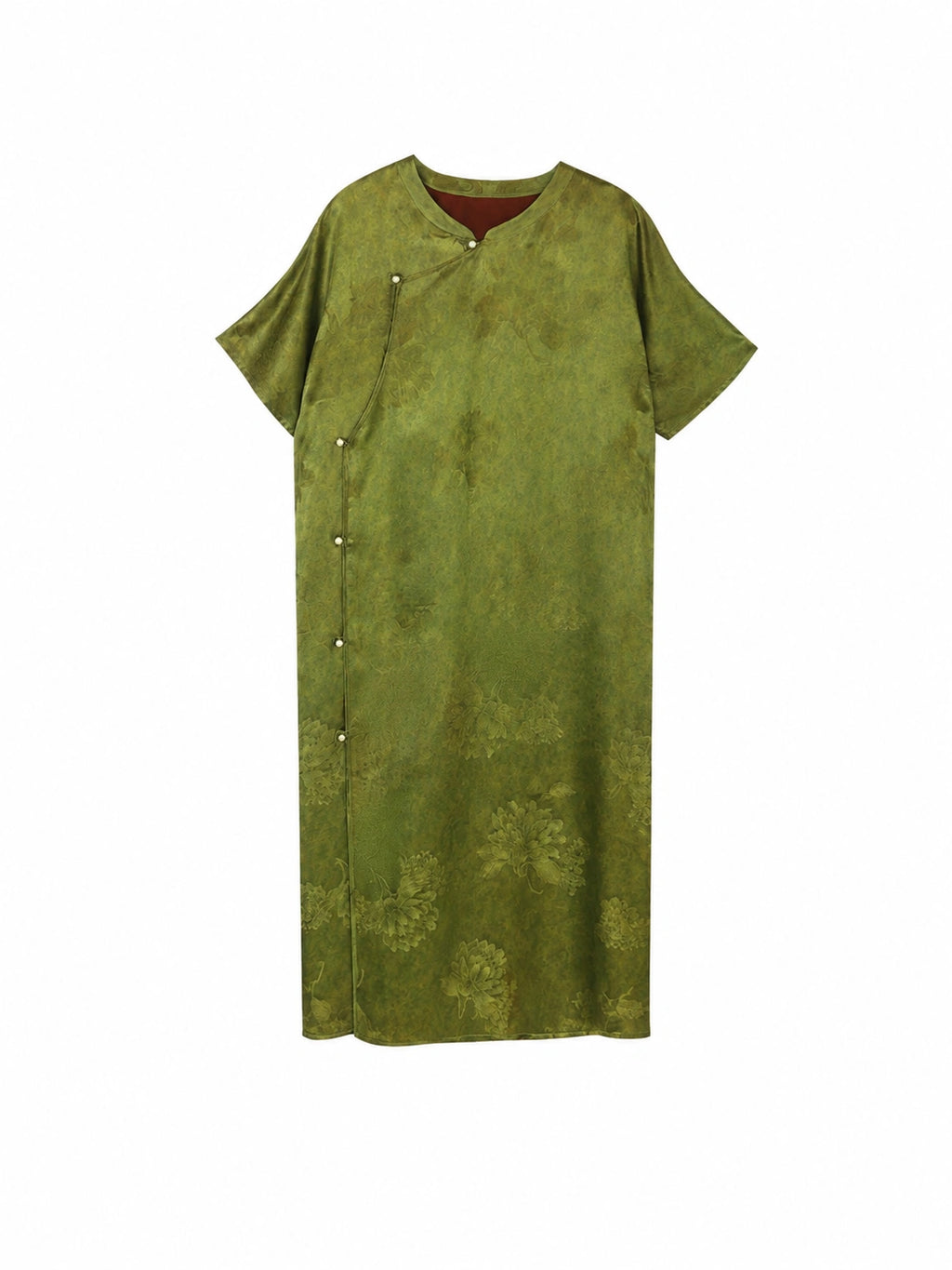 Flat lay of an olive green mulberry silk dress with a stand collar and traditional-inspired button details
