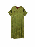 Flat lay of an olive green mulberry silk dress with a stand collar and traditional-inspired button details
