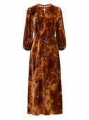 Front product view of the copper-orange tie-dye-inspired midi dress