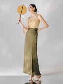 Elegant styling showing the lightweight layering effect of the organza cover-up.
