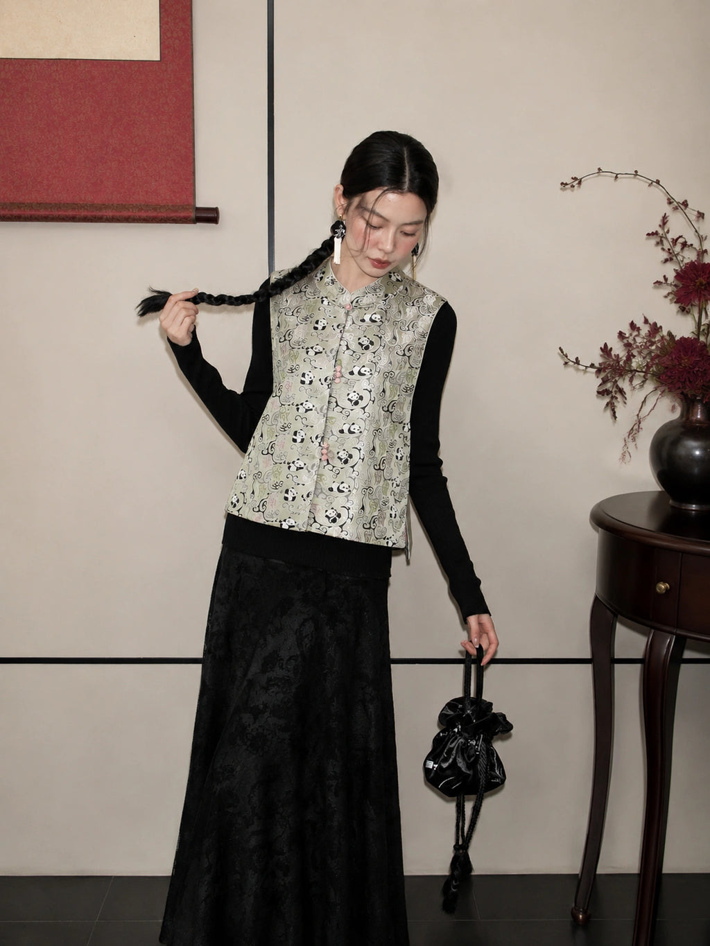 Front view of a 100% mulberry silk Chinese vest featuring a bear pattern, stand collar, and traditional frog closures.