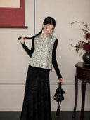 Front view of a 100% mulberry silk Chinese vest featuring a bear pattern, stand collar, and traditional frog closures.