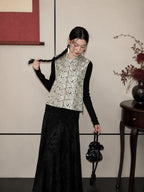Front view of a 100% mulberry silk Chinese vest featuring a bear pattern, stand collar, and traditional frog closures.