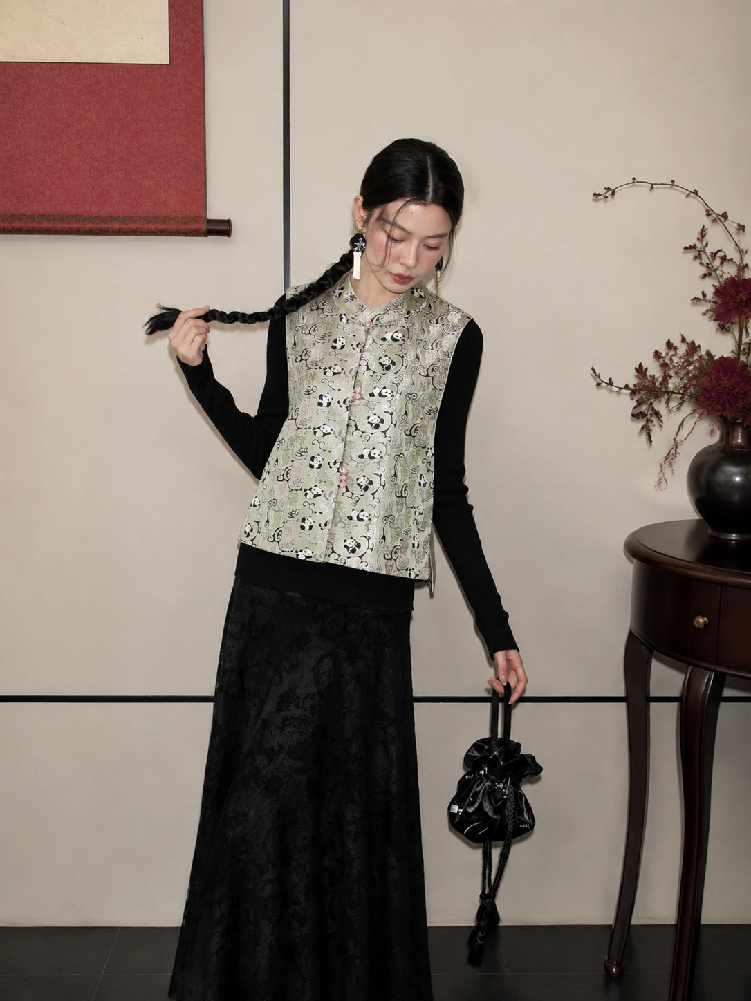 Front view of a 100% mulberry silk Chinese vest featuring a bear pattern, stand collar, and traditional frog closures.