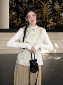 Front view of a 100% mulberry silk Chinese vest with cat and butterfly patterns, a stand collar, and traditional knot closures.