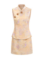 Front product view of a peach floral Chinese-inspired sleeveless top with a matching A-line skirt.
