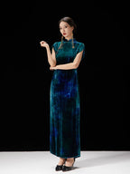 Elegant peacock teal silk blend qipao dress featuring a modern Chinese-inspired silhouette.