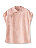 Front product view of a pink floral Mandarin collar blouse with an asymmetrical neckline and green frog button.