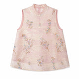 Flat lay of a pink sleeveless Cheongsam vest with a mandarin collar, beaded edges, and intricate floral sequin embroidery, crafted from 100% polyester.