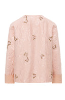 Back product view of the pink jacket with scattered butterfly embroidery, long sleeves and matching turn-back cuffs.