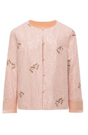 Front product view of the pink butterfly embroidered jacket with a round neckline and matching buttons and cuffs.