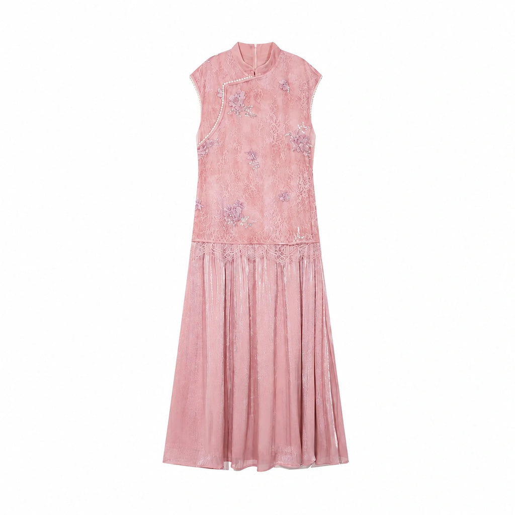 Flat lay of a pink Cheongsam dress with a mandarin collar, floral embroidery, beaded trim, and a pleated skirt, crafted from 100% polyester.