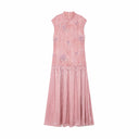 Flat lay of a pink Cheongsam dress with a mandarin collar, floral embroidery, beaded trim, and a pleated skirt, crafted from 100% polyester.