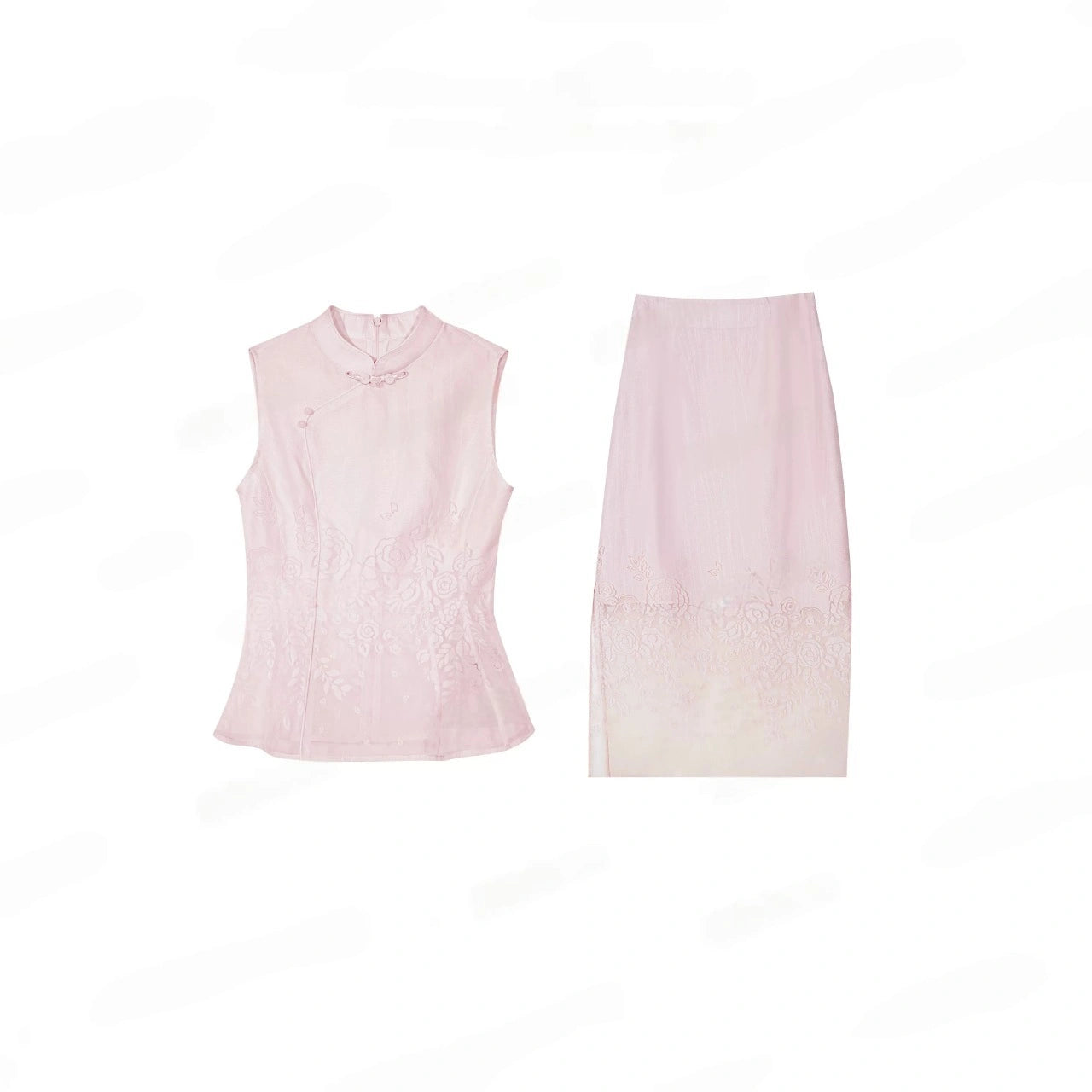 Flat lay of a light pink women's Cheongsam set with a sleeveless top and a matching A-line skirt, featuring floral embroidery.