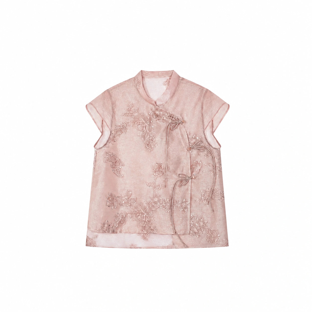 Flat lay of a pink short-sleeve Cheongsam top with a mandarin collar, floral embroidery, and side tie details.