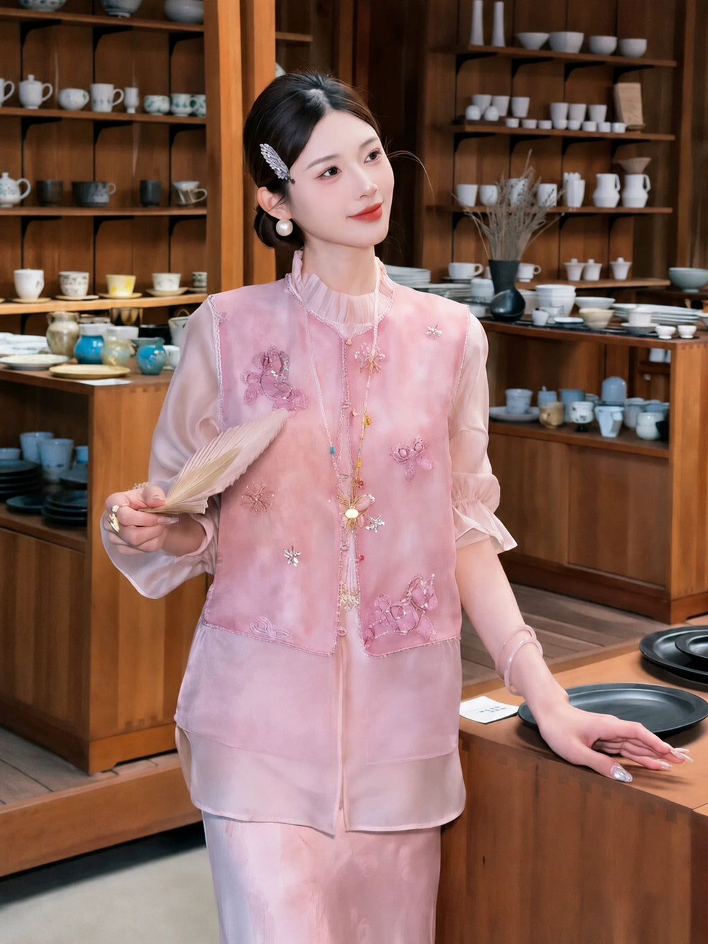 Full body shot of a pink embroidered vest with beaded edges and a layered sheer hem, paired with a pink skirt and holding a folding fan.