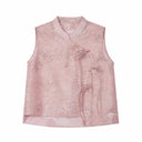 Flat lay of a pink sleeveless embroidered vest with a mandarin collar, floral embroidery, and side tie details.