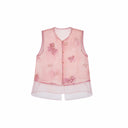 Flat lay of a pink sleeveless vest with beaded edges, floral embroidery, and a layered sheer hem, crafted from 100% polyester.
