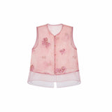 Flat lay of a pink sleeveless vest with beaded edges, floral embroidery, and a layered sheer hem, crafted from 100% polyester.
