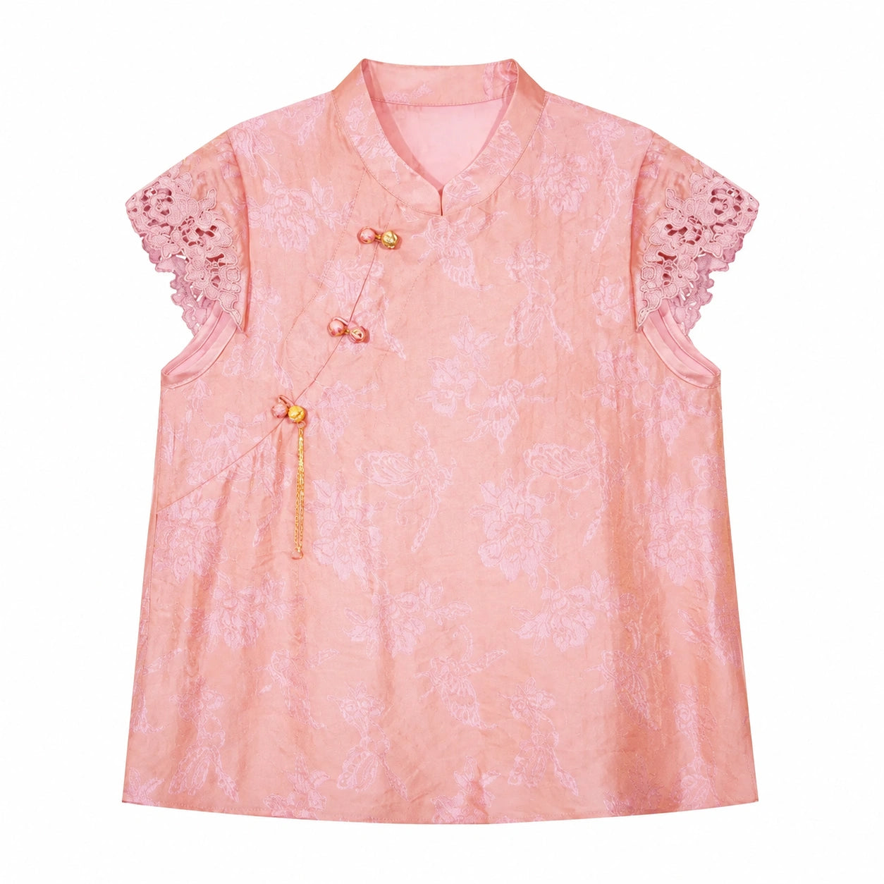 Flat lay of a pink jacquard blouse with a mandarin collar, lace cap sleeves, and a side button closure, crafted from 80% Viscose and 20% Polyamide.