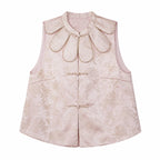 Flat lay of a pink sleeveless Cheongsam vest with a scalloped pearl-trimmed collar, floral jacquard pattern, and pearl button closures.
