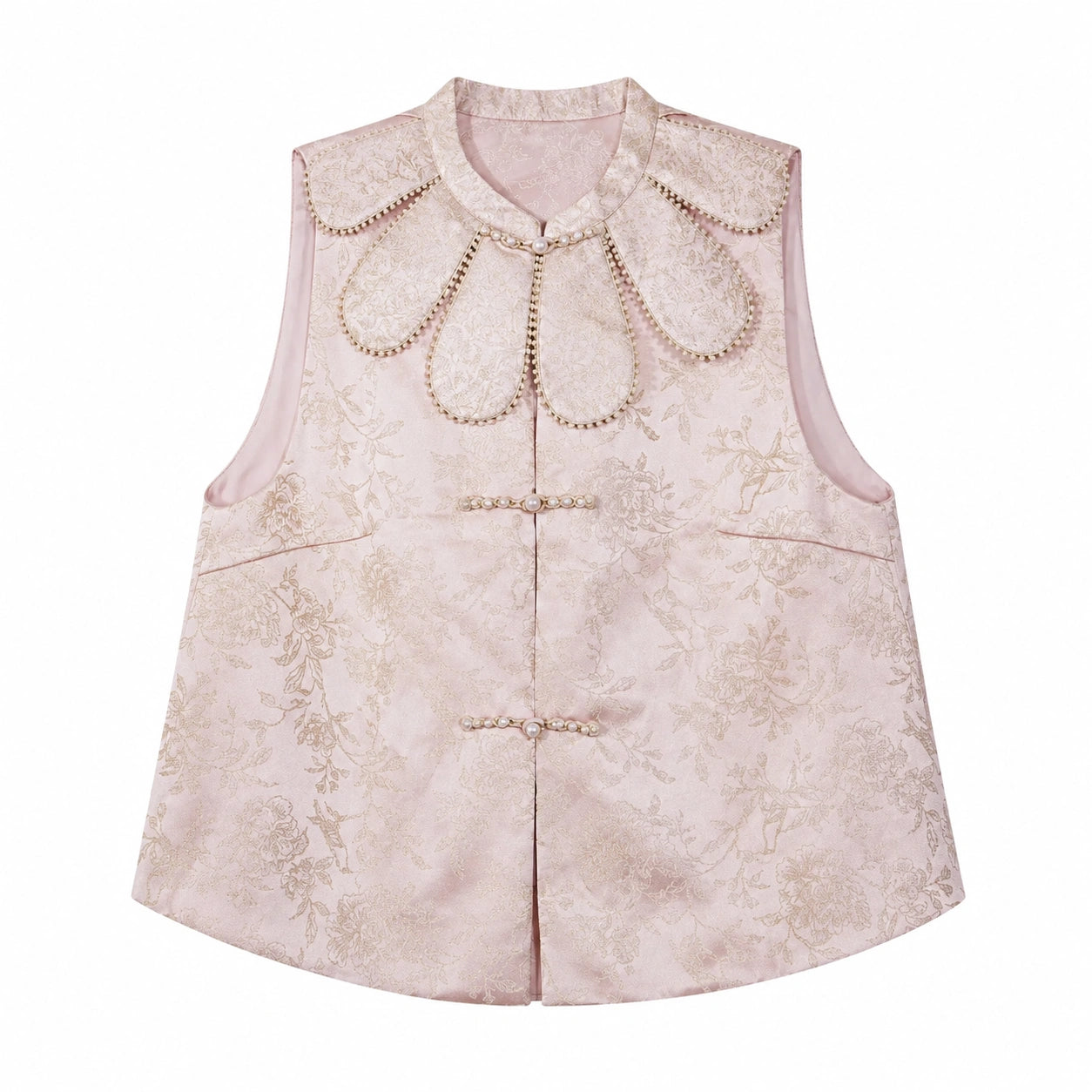 Flat lay of a pink sleeveless Cheongsam vest with a scalloped pearl-trimmed collar, floral jacquard pattern, and pearl button closures.