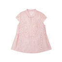 Flat lay of a pink lace-trimmed Cheongsam top with a mandarin collar, delicate floral embroidery, and short lace sleeves, crafted from 80% Viscose, 20% Polyamide.