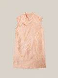 Pink mulberry silk sleeveless dress featuring Chinese knot button detail and elegant jacquard texture