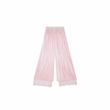 Flat lay of pink pleated wide-leg pants with an elastic waistband, side tie, and layered lace hem, crafted from 100% polyester.