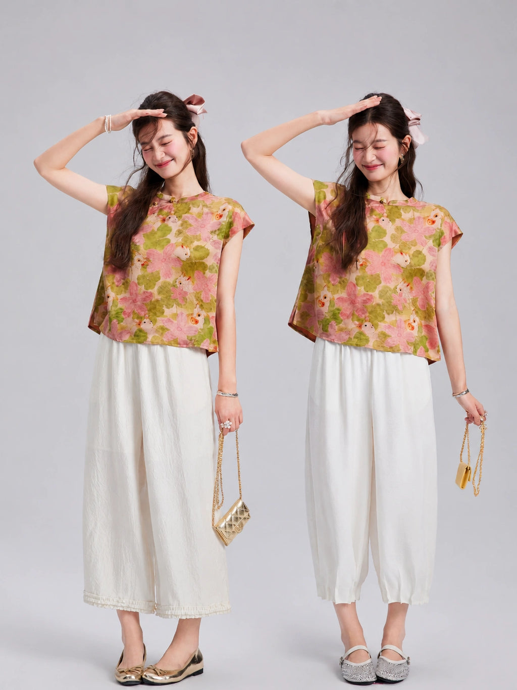 Two styling views of the pink rabbit and floral Xiangyunsha silk top with white wide-leg trousers