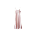 Flat lay of a soft pink satin slip dress with thin straps and a relaxed fit, ideal for layering, made from 100% polyester.