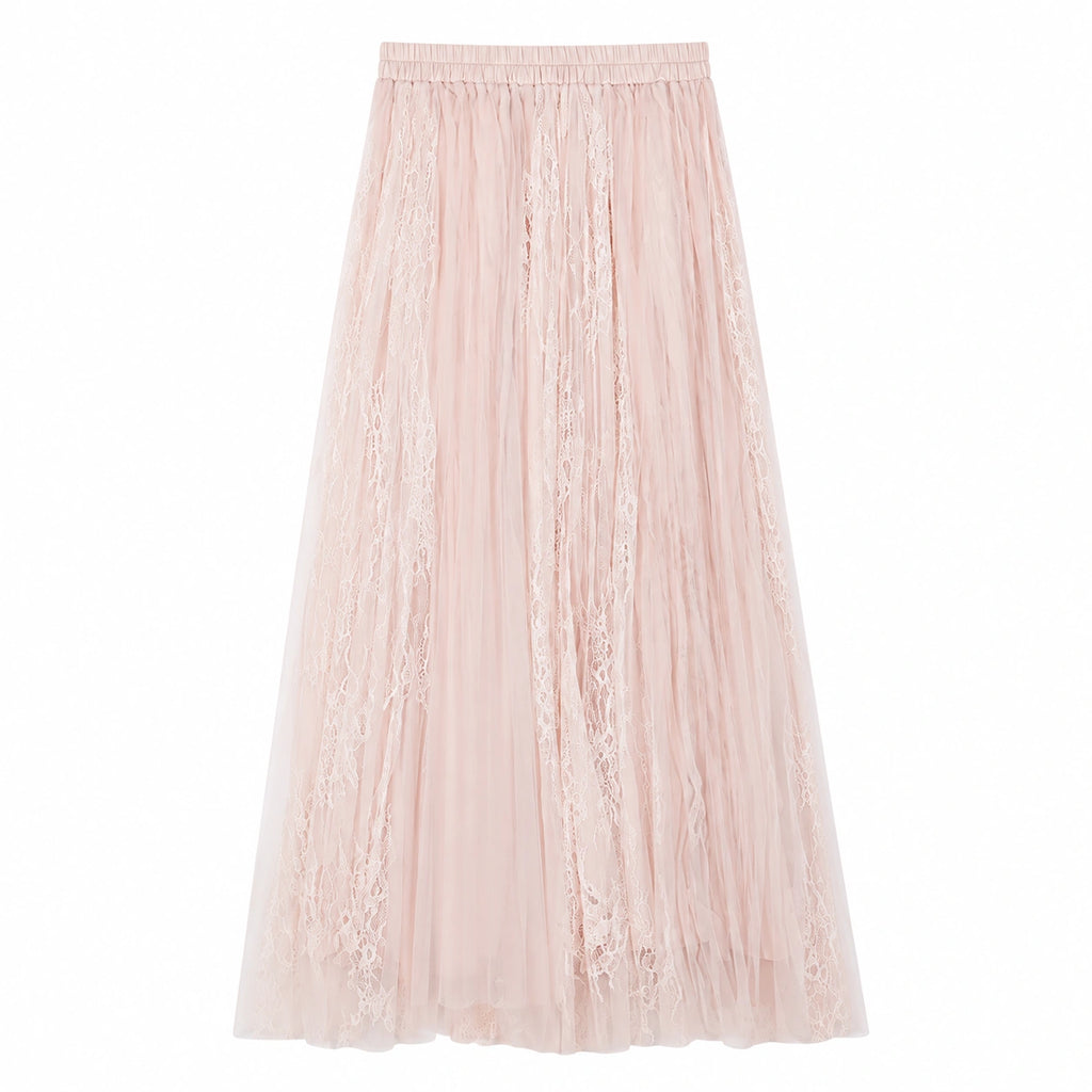Flat lay of a pink pleated tulle maxi skirt with elastic waistband and delicate lace panels throughout, crafted from 100% polyester.