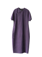 Front product view of a purple crackle-texture mulberry silk dress with short sleeves and Chinese button closures.