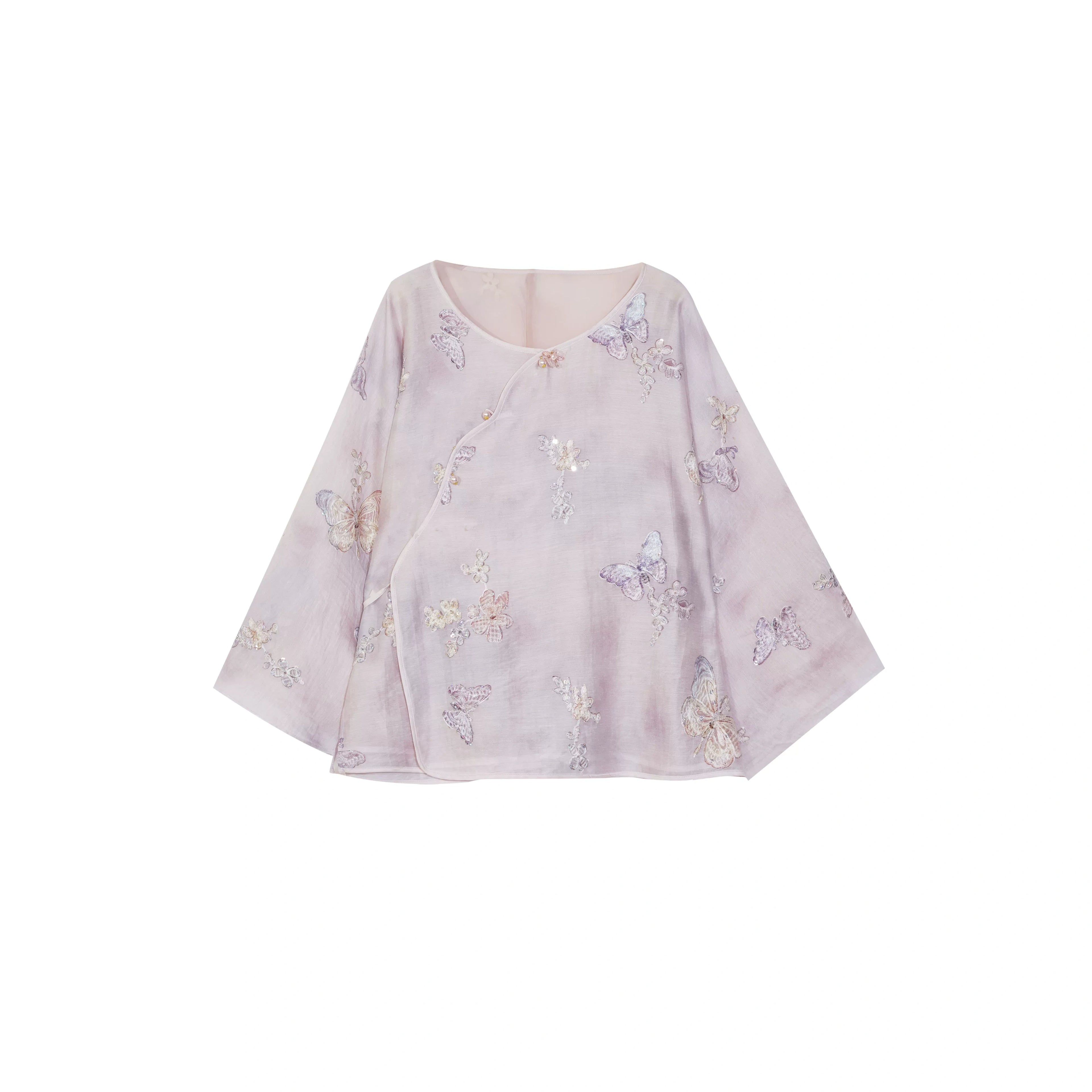 Flat lay of a light purple New Chinese style blouse featuring a diagonal placket, flared sleeves, and intricate butterfly and floral embroidery, crafted from 80% Tencel, 10% Linen, and 10% Nylon.