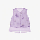 Flat lay of a purple sleeveless vest with beaded edges, floral and bow embroidery, and a layered sheer hem, crafted from 100% polyester.