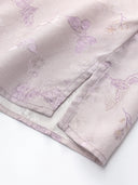 Close-up of a light purple 23 momme silk fabric featuring delicate butterfly jacquard patterns and subtle floral details, 94% mulberry silk blend.