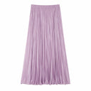 Flat lay of a purple pleated maxi skirt with an elastic waistband and full length, crafted from 80% Lyocell, 20% Polyester.