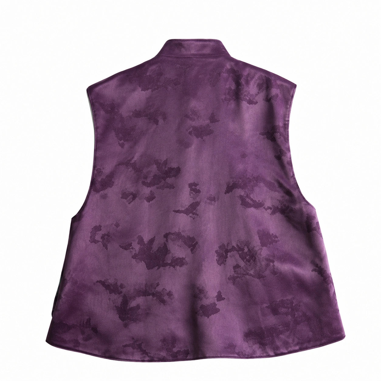 Back flat lay of the purple mulberry silk vest showing its tonal jacquard pattern and softly flared silhouette.