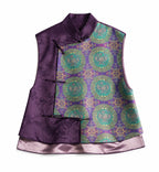 Front flat lay of the purple silk vest with a colorful Shu brocade panel, stand collar and asymmetric frog-button closure.