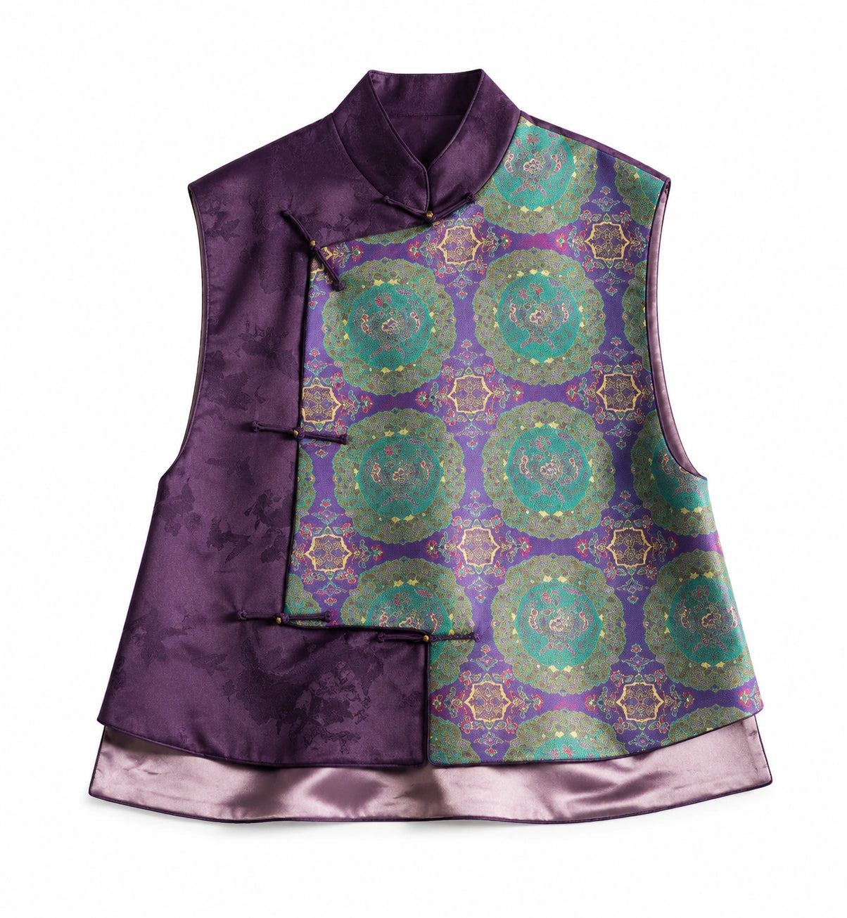 Front flat lay of the purple silk vest with a colorful Shu brocade panel, stand collar and asymmetric frog-button closure.