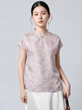 Model wearing a light purple 94% mulberry silk top with a stand collar, asymmetrical button placket, and butterfly jacquard pattern, paired with a white skirt.
