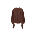 Front product view of the red-brown long-sleeve acetate shirt with a short row of covered buttons.